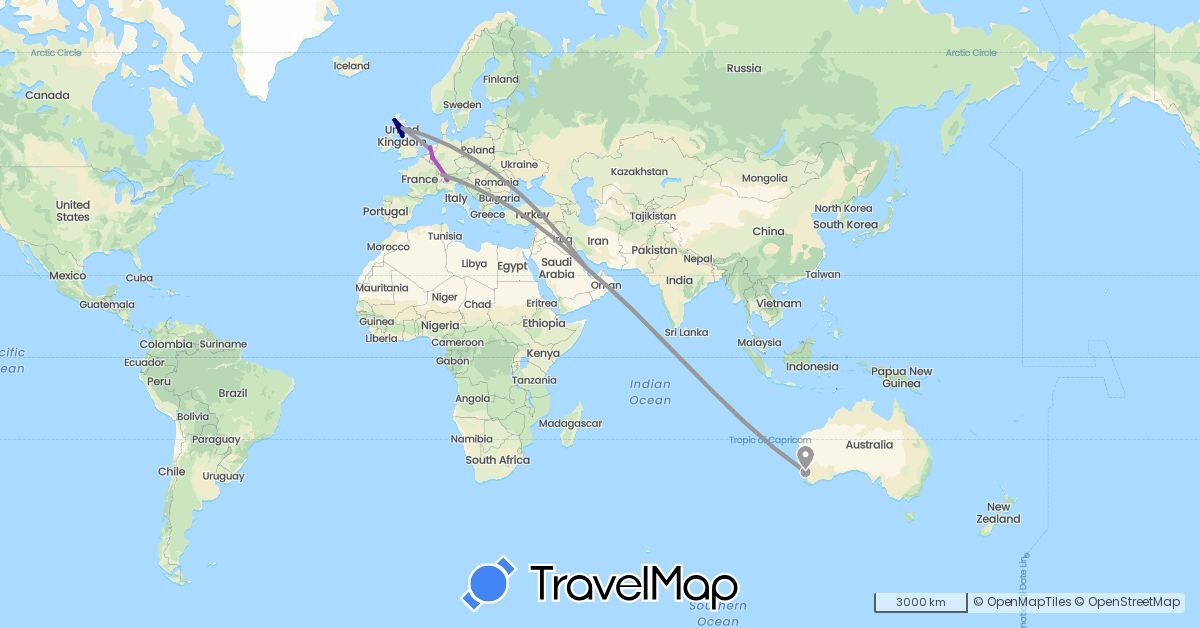 TravelMap itinerary: driving, plane, train in Australia, Belgium, Switzerland, United Kingdom, Netherlands, Qatar (Asia, Europe, Oceania)